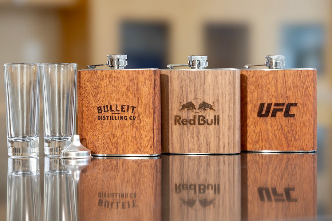 Engraved corporate logo wood flask