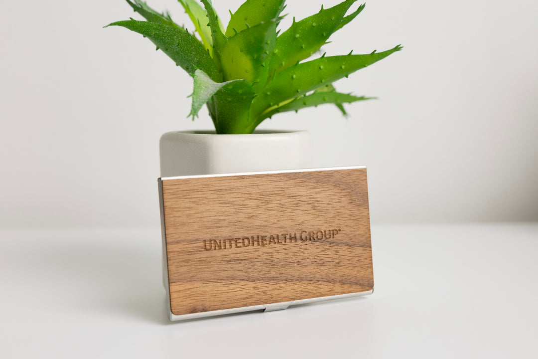 Custom engraved wood business card holder